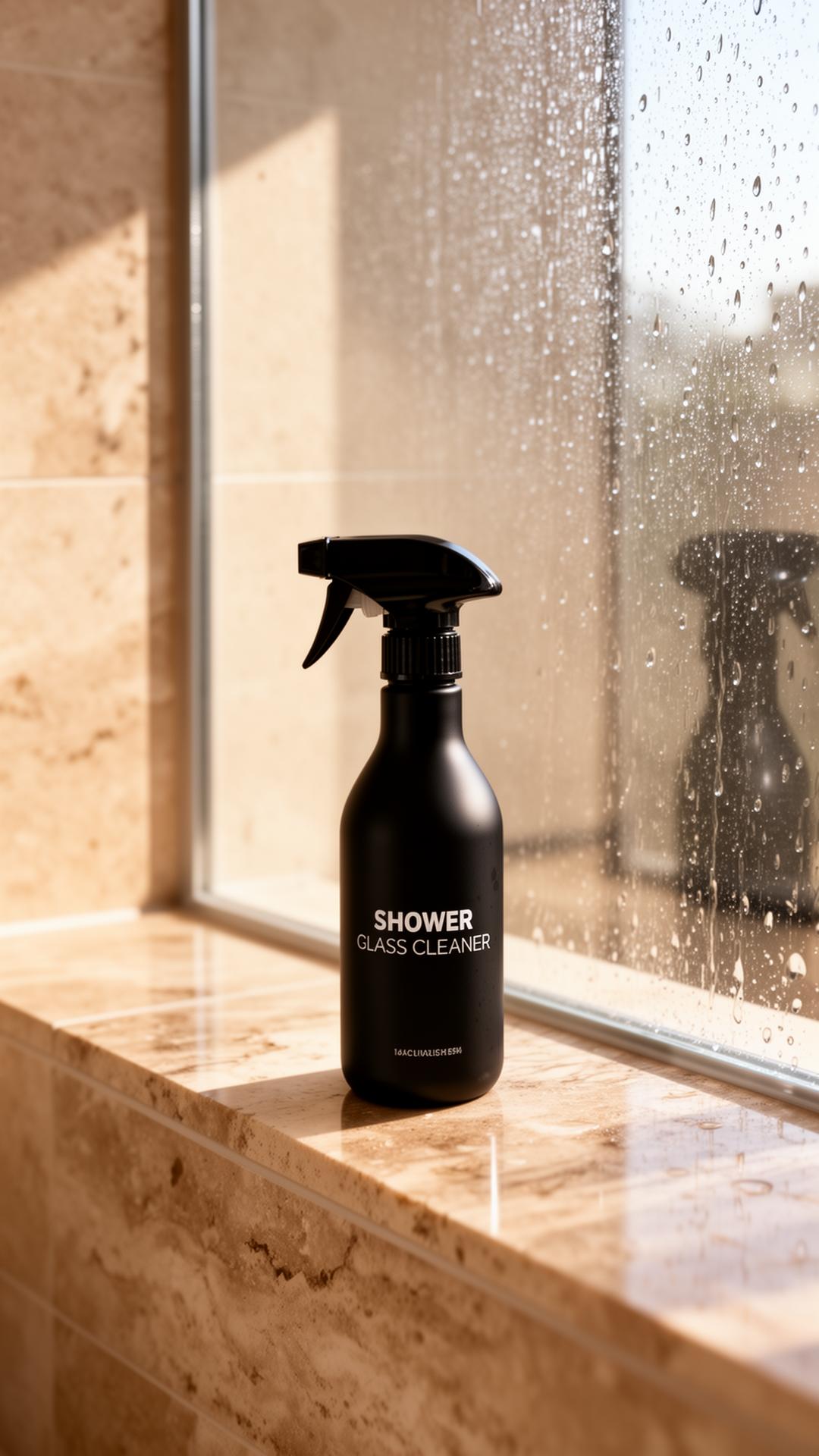 Shower glass cleaner bottle on travertine ledge